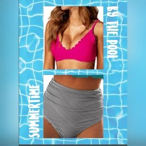 Amazon pink ruffled bikini top XL & Cupshe Black white Striped bottoms L